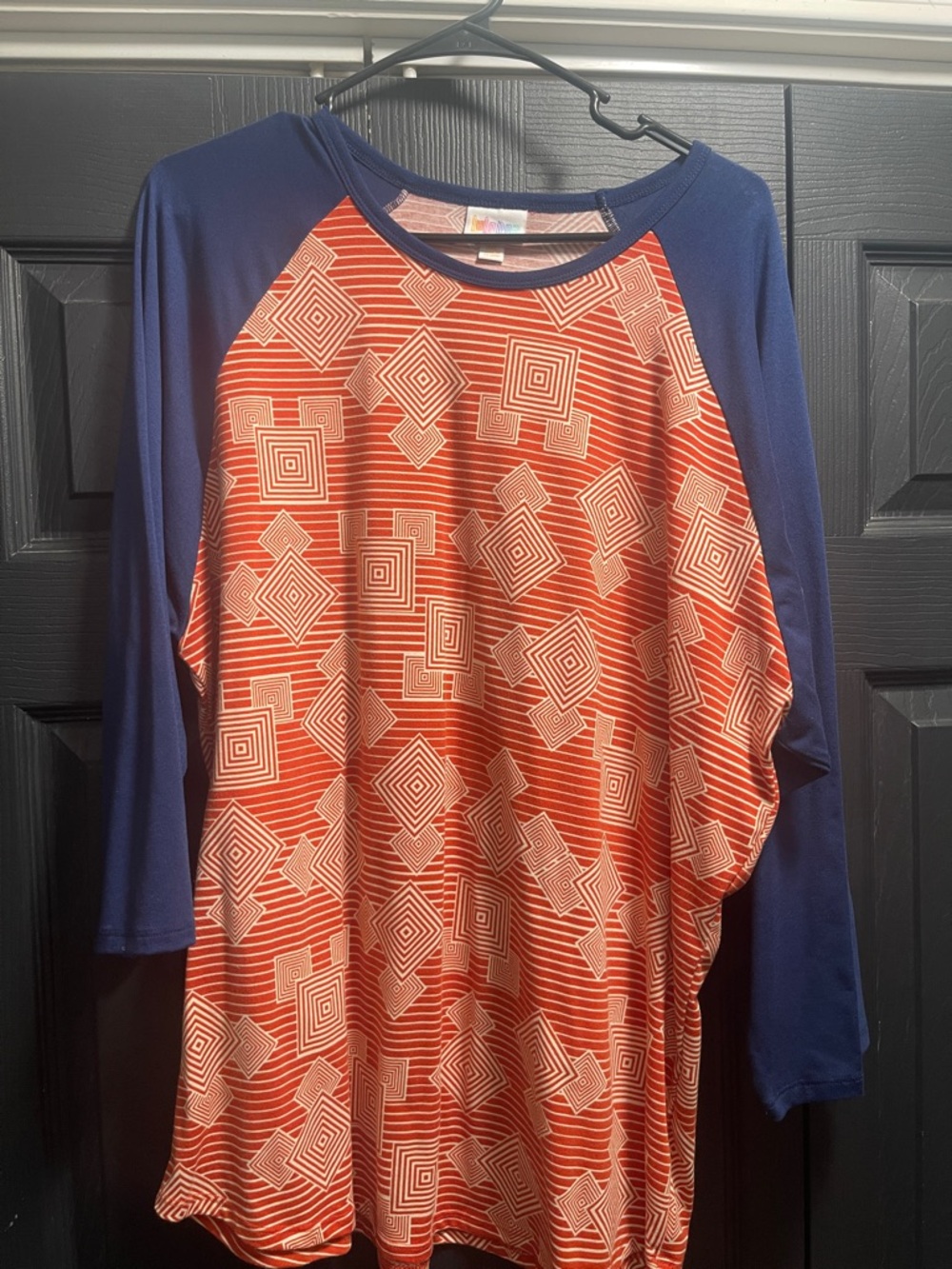 LuLaRoe Navy and Rust Geometric Raglan Long Sleeve Top
